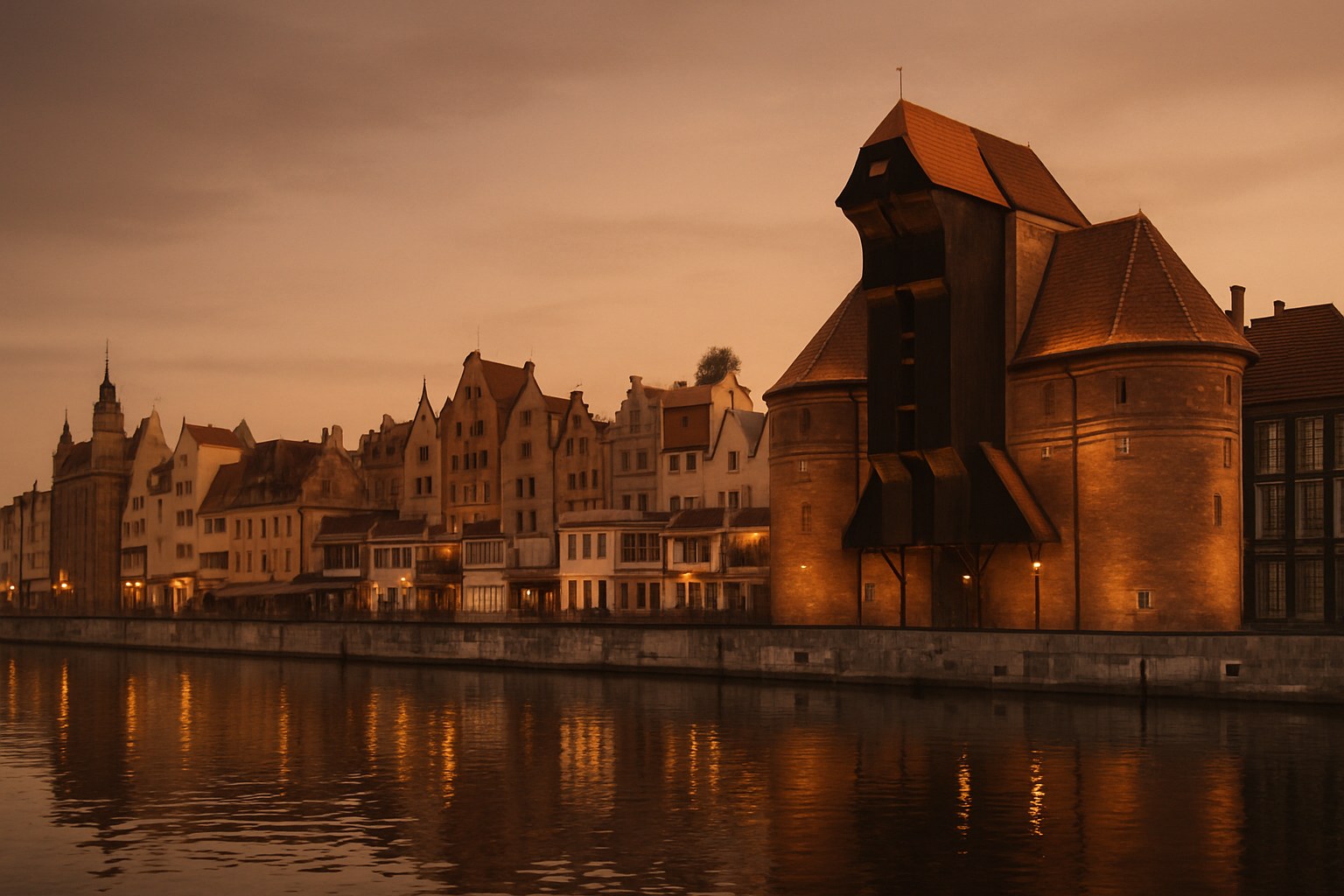 La Grúa y las casas junto al Motława en Gdańsk al anochecer
